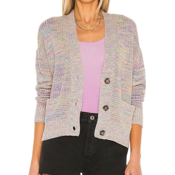 Re/Done 90s Oversized Crop Cardigan in Rainbow Cotton Linen Pink Green Blue - Picture 1 of 9